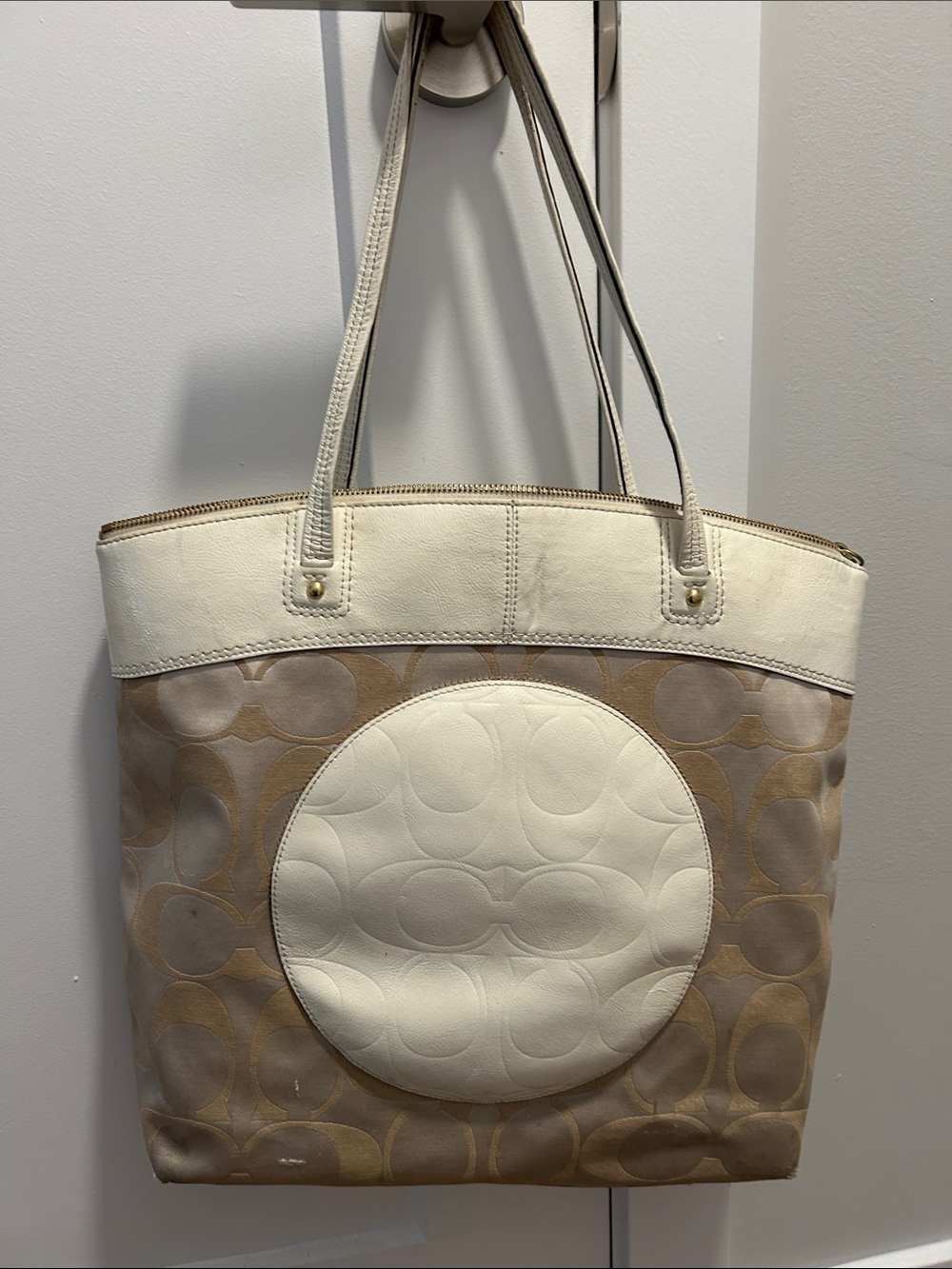 Coach Cream and Tan Signature Tote with Round Front Panel